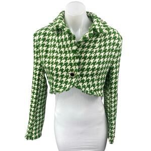 Shein Green Wool Knit Houndstooth Fringe Long Sleeve Button Crop Jacket Top 12